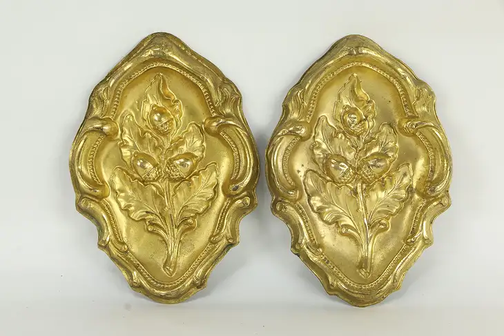 Pair of Victorian Antique Gold Plated Oak Leaf & Acorn Valance Fragments #34879