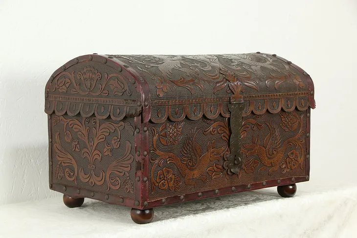 Scandinavian Treasure or Jewelry Chest or Trunk, Tooled Leather Dragons  #35205