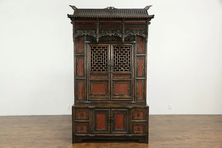 Chinese Vintage Carved Hand Painted Architectural Cabinet, Wine Rack #35749
