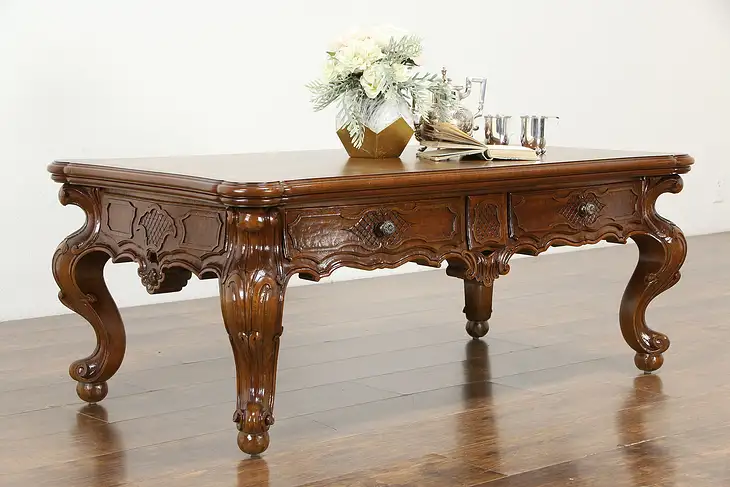 Italian Vintage Carved Walnut Coffee Table, Inlaid Top, Secret Drawers #34197