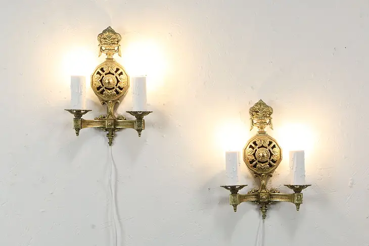 Pair Vintage Solid Brass Wall Sconce Lights, Drip Candles, Crescent BM #35681