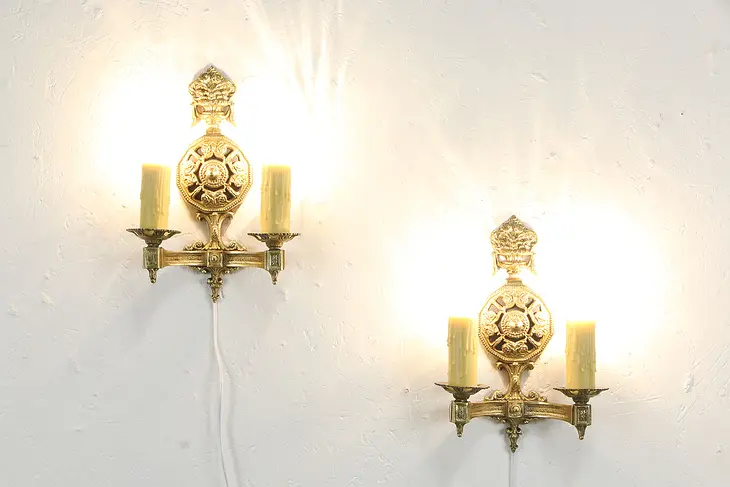 Pair Vintage Solid Brass Wall Sconce Lights, Drip Candles, Crescent BM #36073