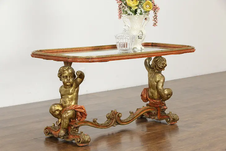 Italian Vintage Coffee Table, Carved Putti, Cherub or Angel Sculptures #36126