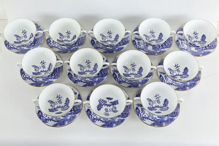 Set of 12 Coalport Blue Willow English Cream Soup Cups & Saucers #36324