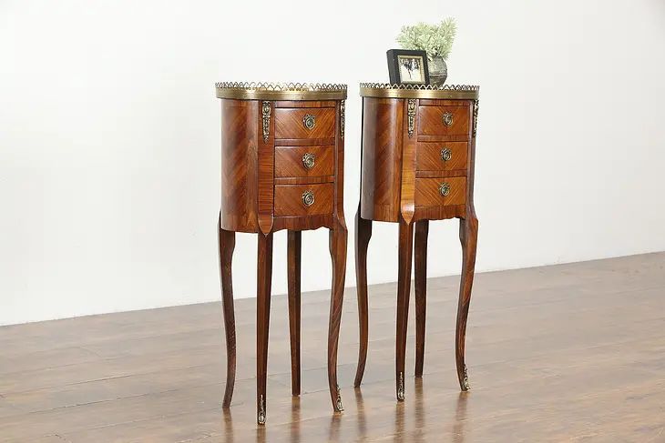 Pair of Small French Vintage Rosewood Marquetry Nightstands or End Tables #34433