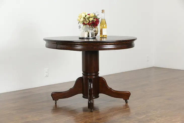 Victorian Antique Round Oak 42" Pedestal Dining Table, 2 Leaves #36281