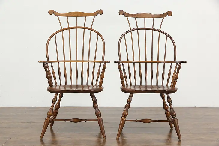 Pair Vintage Farmhouse Windsor Highback Dining Chairs, Nichols & Stone  #36373