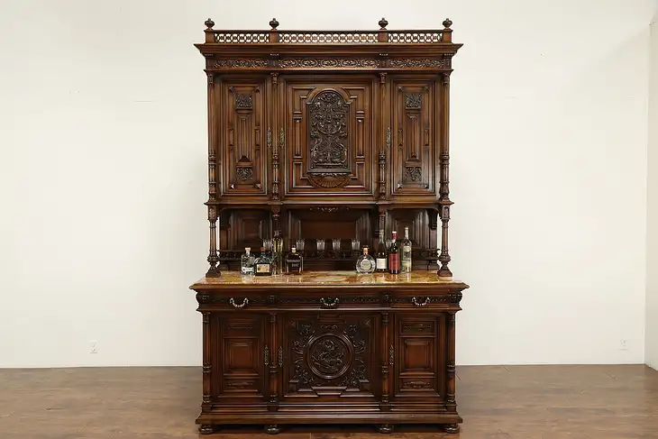 Renaissance Antique Walnut Italian Back Bar, Sideboard or Server, Marble #36314