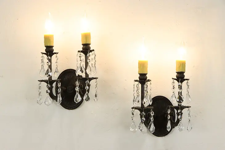 Pair of Double Wall Sconces, Crystal Prisms, Beeswax Candle Covers #36398