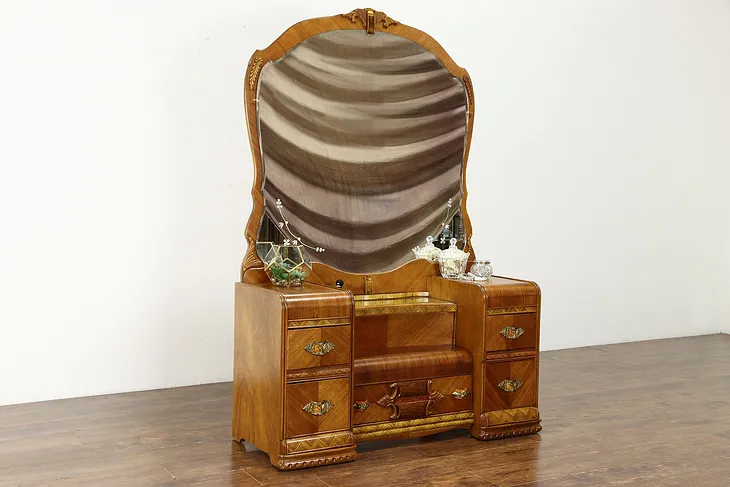 Art Deco Waterfall Vintage Vanity or Dressing Table, Beveled Mirror  #36400