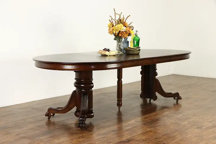 Oak Antique 4' Round Dining Table, Lion Paw Feet, 4 Leaves, Extends 8' #35780