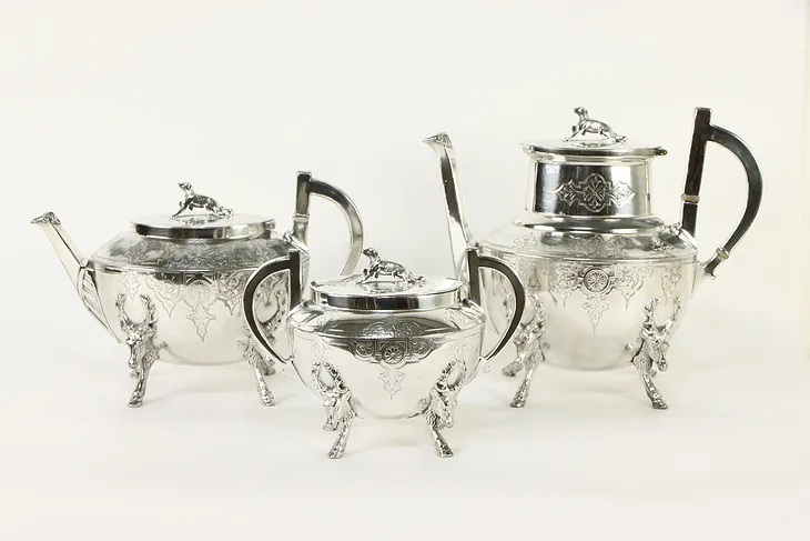 Victorian Antique Silverplate Coffee and Tea Set, Dogs & Deer, Meriden #36422
