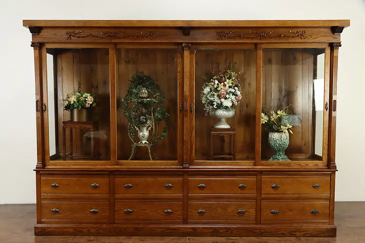 Victorian Antique Oak 11 1/2' Display Showcase Cabinet, Pantry Cupboard #36947