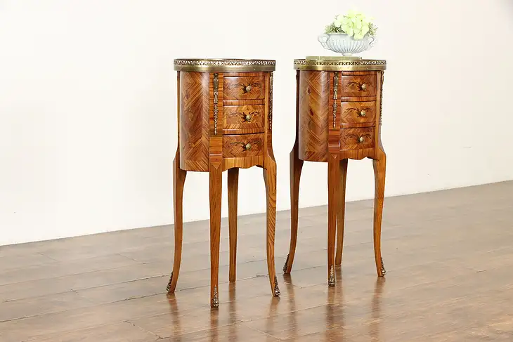 Pair of Tulipwood Marquetry French Style Nightstands or End Tables #34530