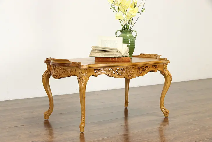 French Design Carved Vintage Coffee Table, Marquetry Top #35204