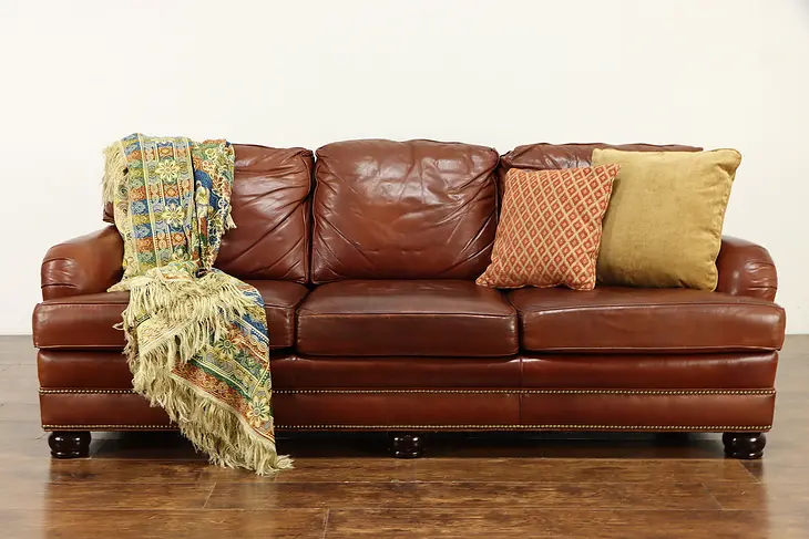 Leather Vintage 3 Cushion Sofa, Brass Nailhead Trim, Whittemore Sherril #36516