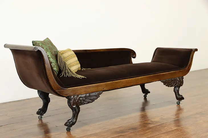 Empire Antique Chaise, Fainting Couch or Recamier, Velvet, Lion Paw Feet #36633