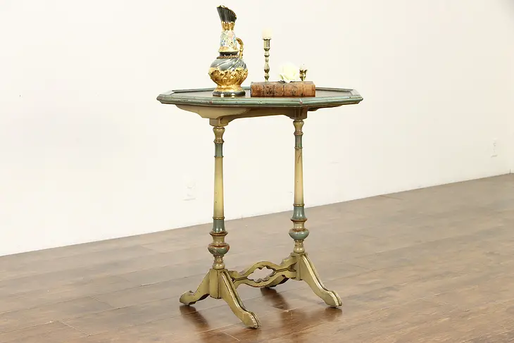 Tilt Top Antique Farmhouse Octagonal Lamp or Tea Table, Hand Painting #37141