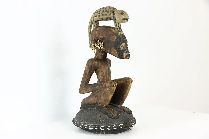 African Carved Antique Wooden Sculpture, Seated Man Statue Shells & Beads #37208