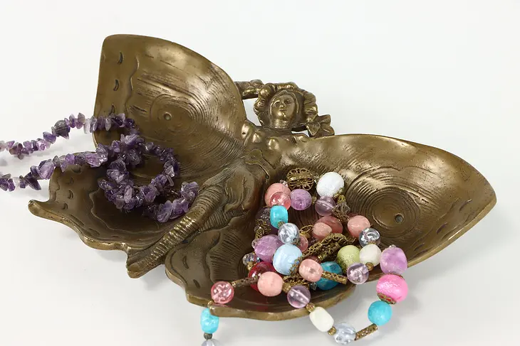 Art Nouveau Cast Bronze Antique Butterfly & Lady Jewelry Tray #38195