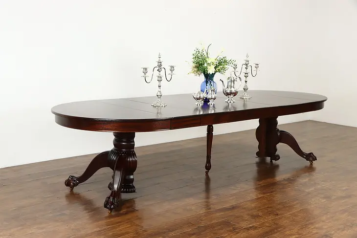Empire Mahogany Antique 48" Round 10' Dining Table, 6 Leaves, Paw Feet  #36284