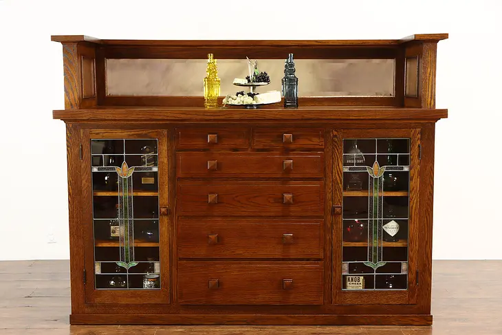 Craftsman Oak Antique Farmhouse Sideboard China Cabinet, Stained Glass #37347