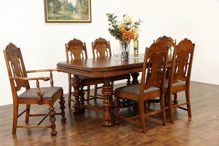 English Tudor Antique Carved Dining Set, Table, 6 Chairs New Upholstery #37359