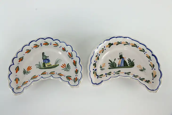 Pair of Henriot Quimper Hand Painted Semi Circular Bone Dishes #37697