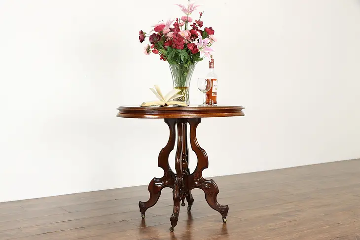 Victorian Antique Oval Carved Walnut Lamp or Parlor Table #37983