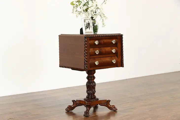 Empire Antique Mahogany Drop Leaf Lamp Table, Nightstand, Acanthus Carved #35635