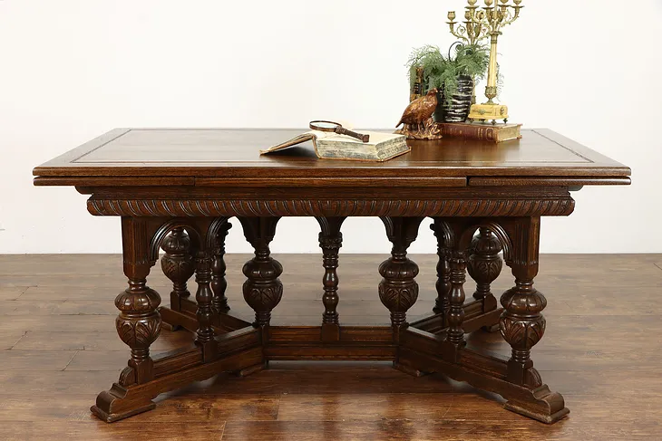 Oak Renaissance Antique Library or Office Desk, Dining Table, Draw Leaves #36193