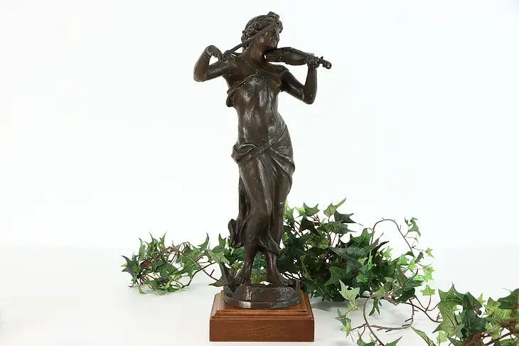 Art Nouveau Cast Spelter Antique Statue of Violinist on Mahogany Base #36901