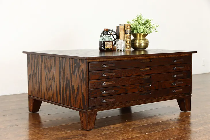 Oak Midcentury Modern 5 Drawer File, Collector or  Map Chest Coffee Table #37378