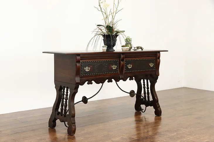 Spanish Colonial Antique Hall Console, Sideboard, Server, Tooled Leather #37921
