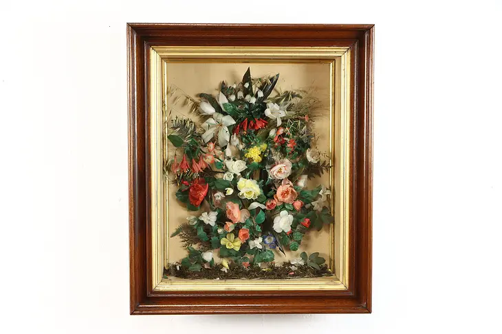 Victorian Antique Walnut Shadow Box, Wax Floral Memory Wreath 25" #38275