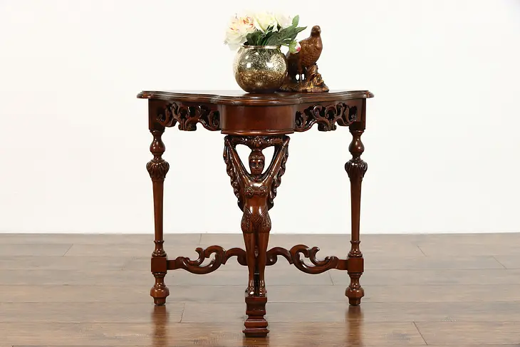 Walnut Vintage Carved Figural End, Hall or Lamp Table, Signed Amfurnoco #36870