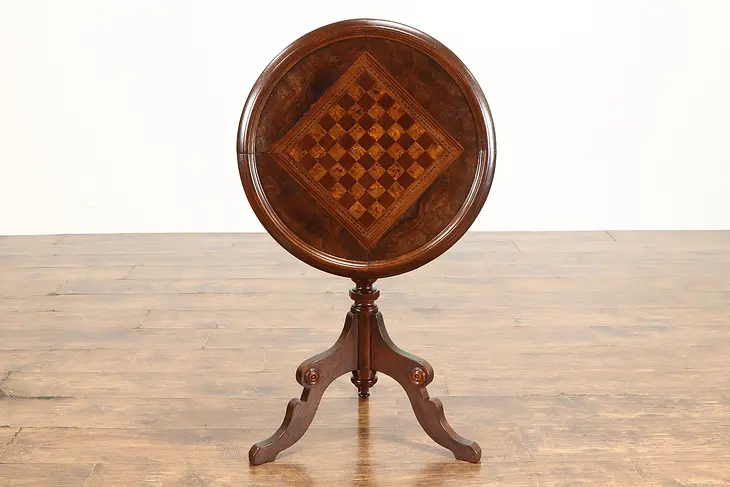 Victorian Antique Walnut, Burl & Curly Maple Inlaid Chess Game Table #37820
