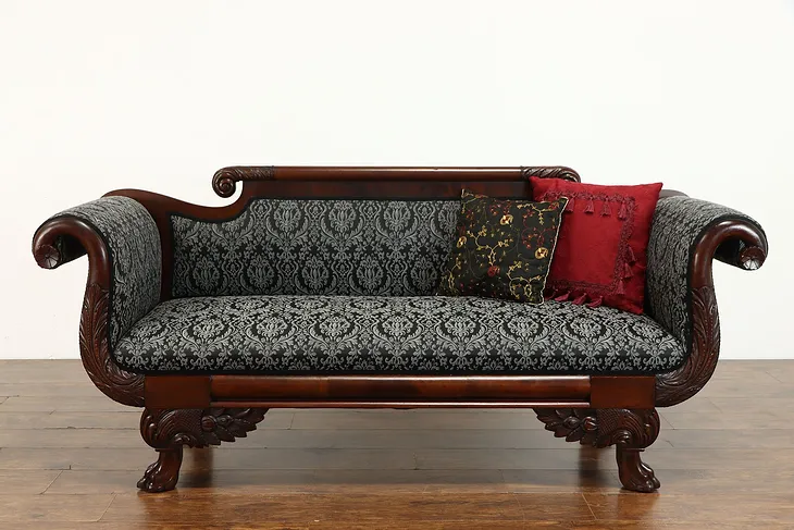 Empire Antique 1825 Mahogany Sofa, Acanthus Carved, Paw Feet, New Fabric #38054