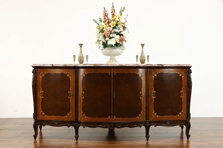 Italian Marble Top Sideboard Server, Buffet, Bar Cabinet Inlaid Marquetry #38286