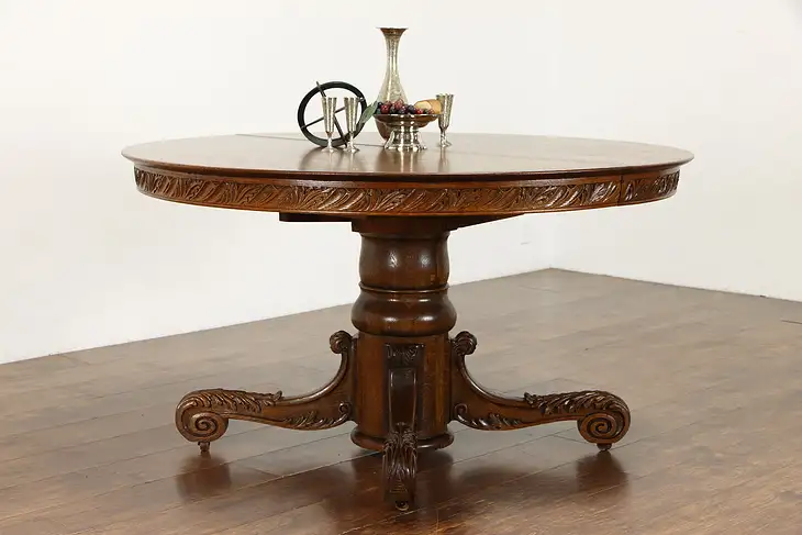 Victorian Antique Round 54" Oak Pedestal Dining Table 5 Leaves Extend 98" #36840