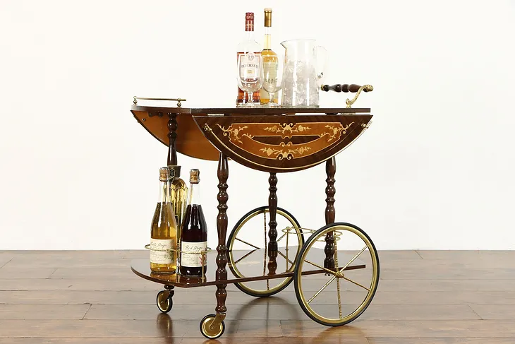Italian Vintage Tea Trolley or Bar Cart, Brass Wine Rack Inlaid Marquetry #38048