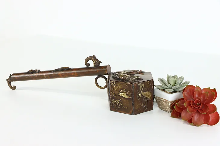 Japanese Antique Yatate, Bronze Copper Calligraphy Brush Holder & Inkwell #38358