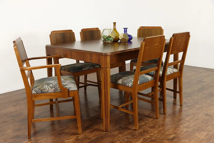 Art Deco Vintage Walnut Dining Set, Table, 6 Chairs, New Upholstery #38520
