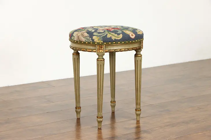 Painted Louis XVI Antique Oval Gilt Stool Needlepoint Upholstery, Colby #38300