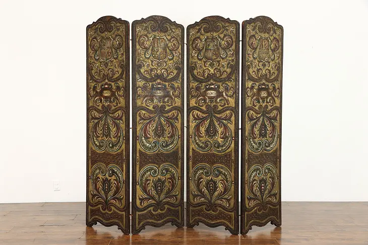 Spanish Colonial Antique Embossed 4 Panel Hand Painted Leather Screen #38691