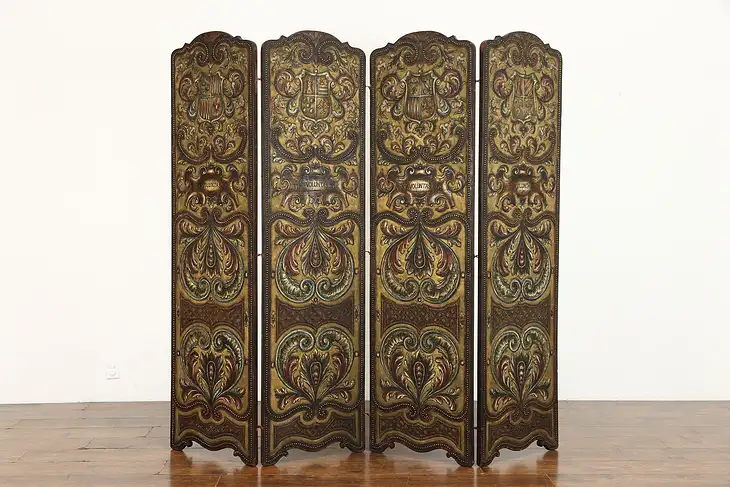 Spanish Colonial Antique Embossed 4 Panel Hand Painted Leather Screen #38691