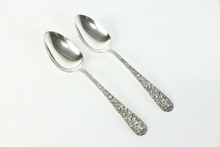 Repousse Kirk Stieff Sterling Silver 2 Large Serving Spoons 8.25" #38769