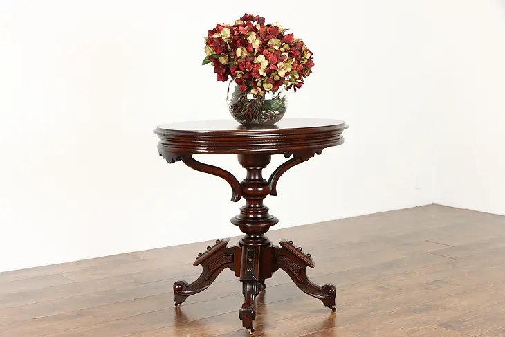 Oval Victorian Antique Carved Walnut Hall, Lamp or Parlor Table #38780