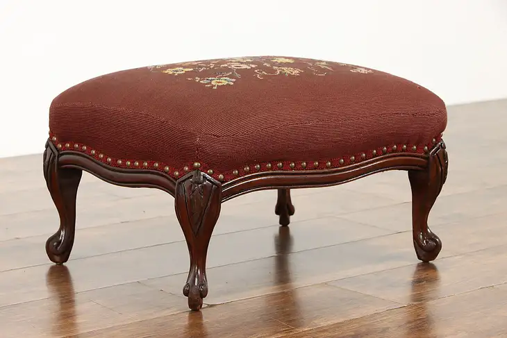 Farmhouse Vintage Carved Vintage Mahogany Footstool, Old Needlepoint #38799