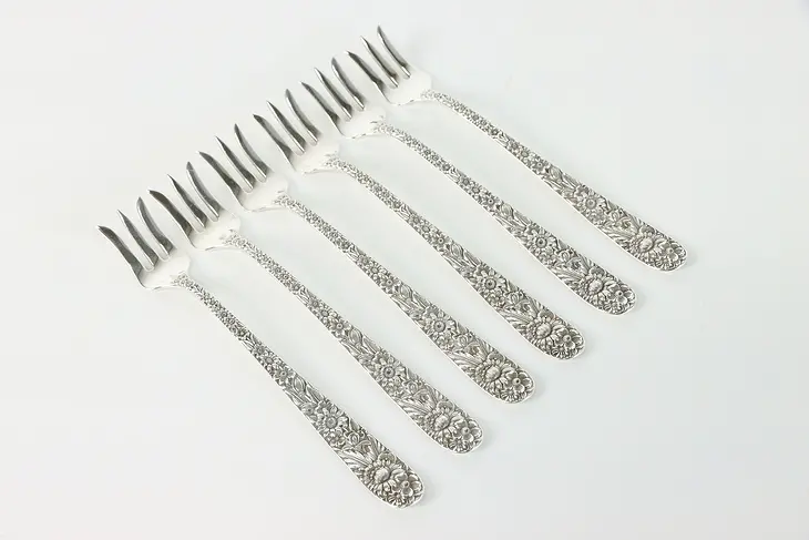 Set of 6 Sterling Kirk and Son Seafood Cake Forks, Repousse Silver, 5.5" #38895